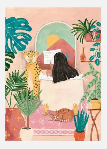 Woman Taking Bath In Pink Tropical Bathroom Tablou Pe Pânză (30x40 cm) Nu rata