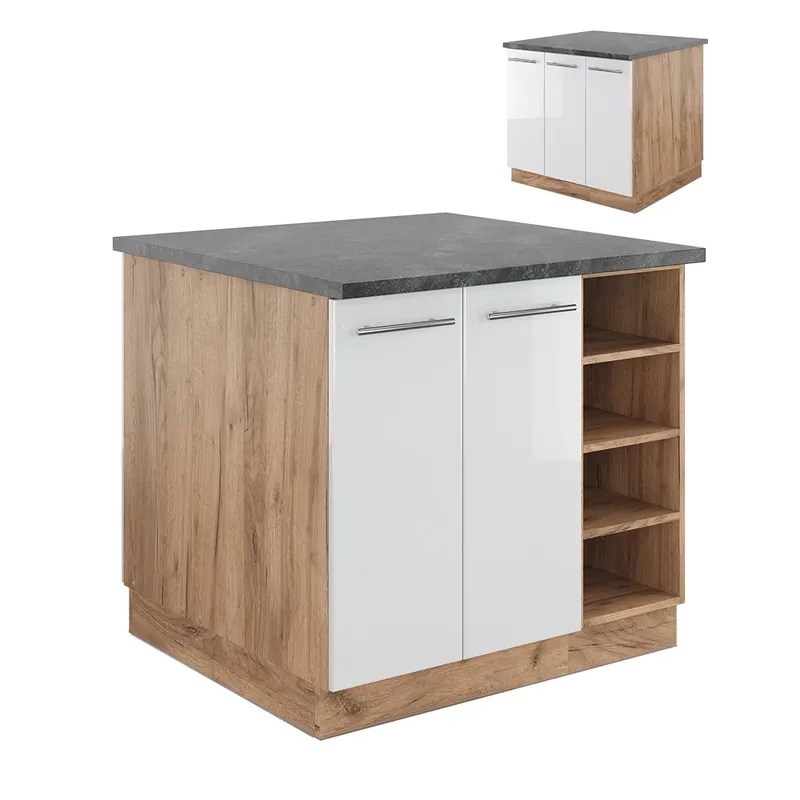 Super ofertă Insula de bucătărie Fame-Line Alb lucios/stejar Goldkraft 90 cm fara blat Vicco