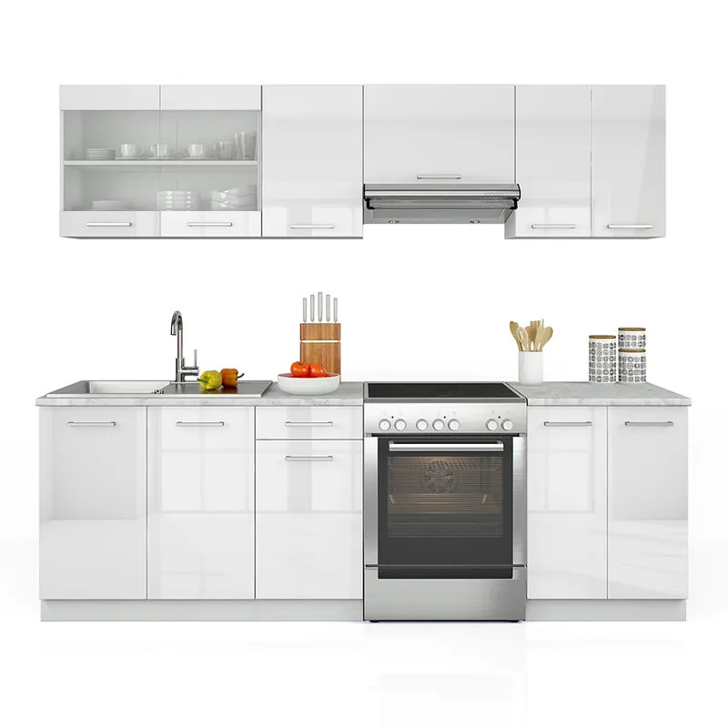 Bestseller Kitchenette Raul Alb lucios/alb 240 cm , marmură AP cu benzi LED Vicco