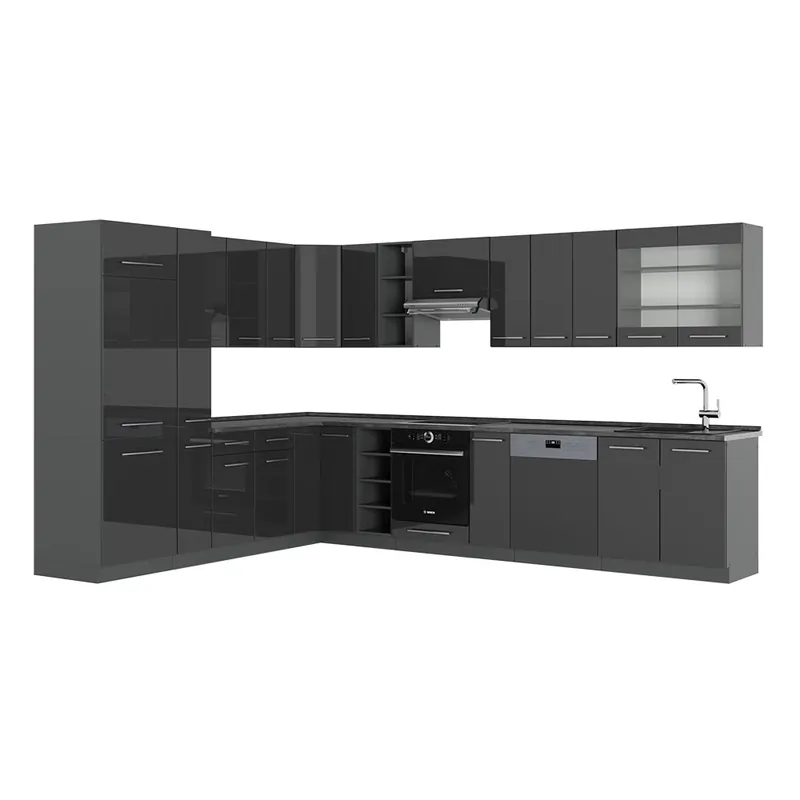 Reducere specială Bucătărie pe colț Fame-Line Antracit lucios ridicat 347 x 46 cm fara blat Vicco