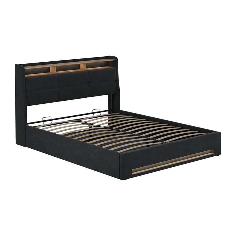 Pat tapițat Christin Antracit / stejar 160x200 cu LED si port USB Vitalispa Reducere specială
