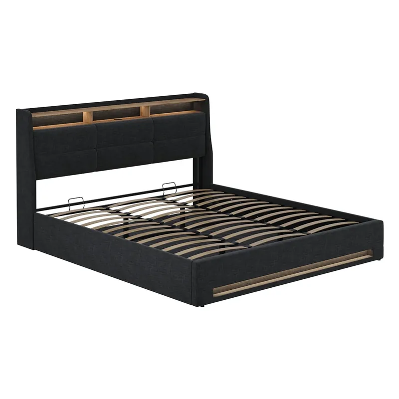 Ofertă Pat tapițat Christin Antracit / stejar 180x200 cu LED si port USB Vitalispa