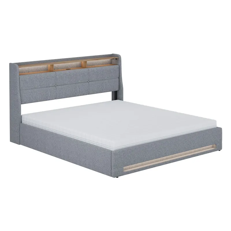 Pat tapițat Christin Gri / stejar 180x200 cu LED, port USB si saltea Vitalispa Preț mic