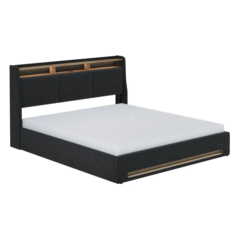 Pat tapițat Christin Antracit / stejar 180x200 cu LED, port USB si saltea Vitalispa Popular