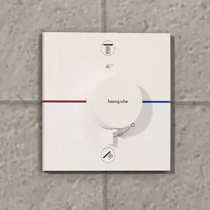 Cumpărături sigure Baterie cada dus termostatata cu 2 functii, alb mat (matt white), Hansgrohe ShowerSelect Comfort E 15572700