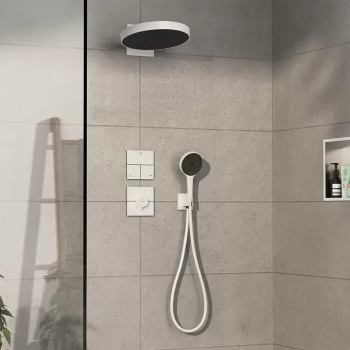 Sistem de dus fix si mobil incastrat, cu baterie termostatata, alb mat (matt white), Hansgrohe ShowerSelect Comfort E 15574700 set Livrare expres