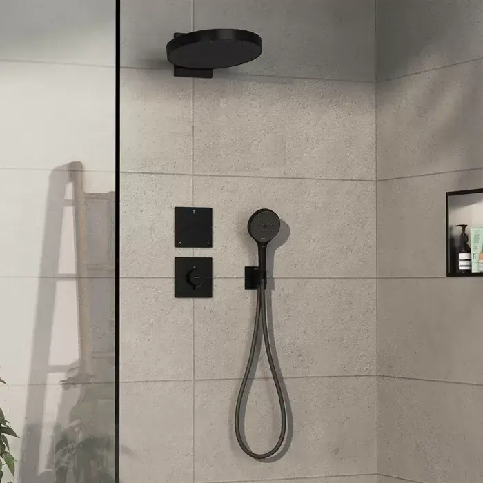 Sistem de dus fix si mobil incastrat, cu baterie termostatata, negru mat (matt black), Hansgrohe ShowerSelect Comfort E 15574670 set Ofertă limitată
