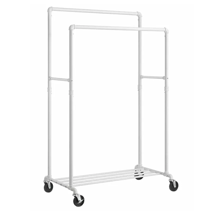 SONGMICS Suport haine cu 2 bare si raft, cu roti, cadru metalic, design industrial, 100x59x162 cm, alb Livrare expres