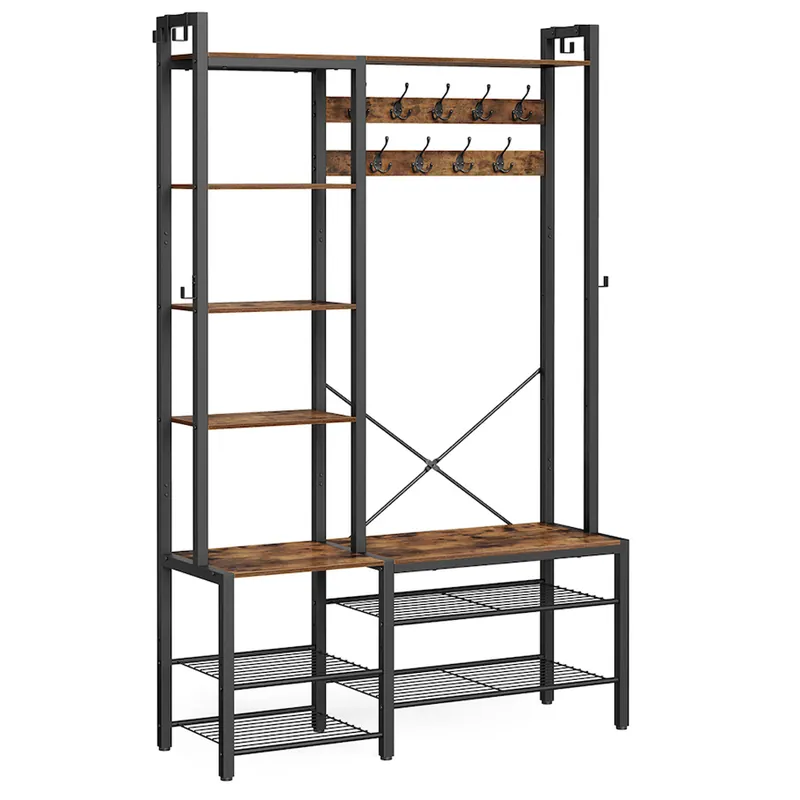 VASAGLE Cuier hol cu banca si raft pantofi, 9 carlige, design industrial, 120x40x190 cm, maro rustic Reduceri