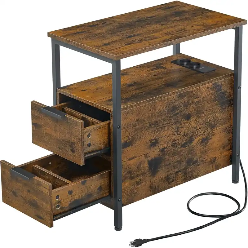 VASAGLE Noptiera 60x35x61 cm, cu 2 sertare, rafturi si priza incorporata, PAL si otel, maro rustic Preferatul clienților