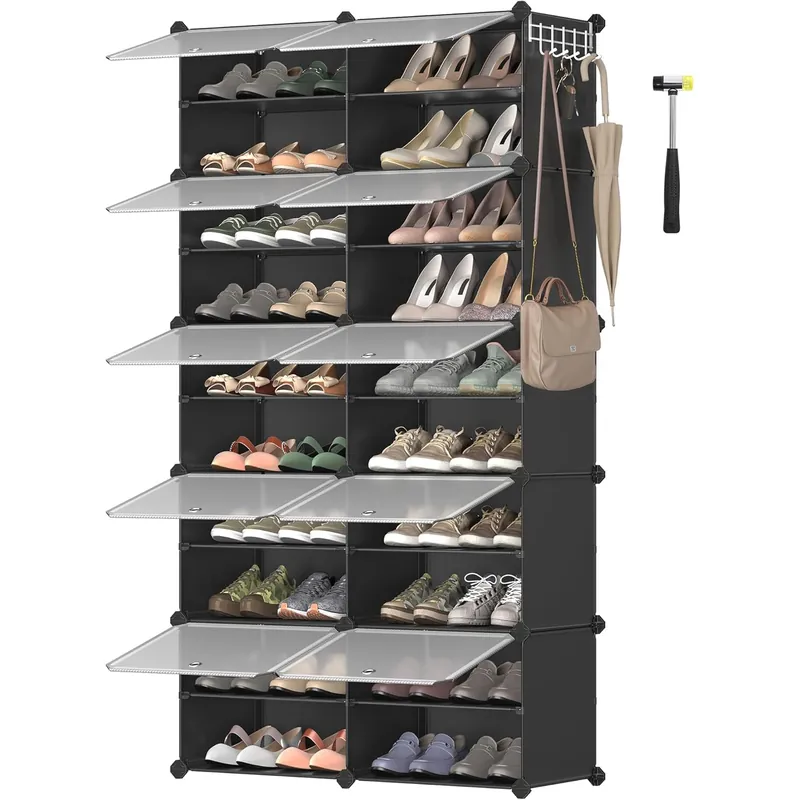 SONGMICS Dulap modular pantofi cu 10 compartimente, cu usi transparente, 83x32x156 cm, negru Cel mai vândut