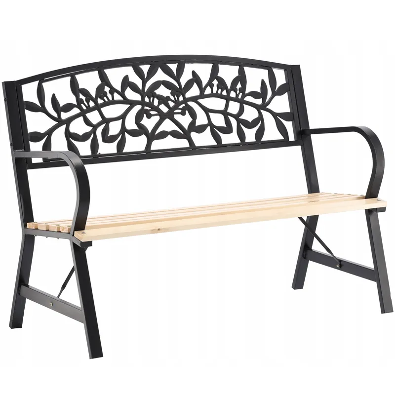 Banca de gradina din lemn si otel cu spatar decorativ model frunze, 120x56x87 cm, negru si maro natur Chilipir