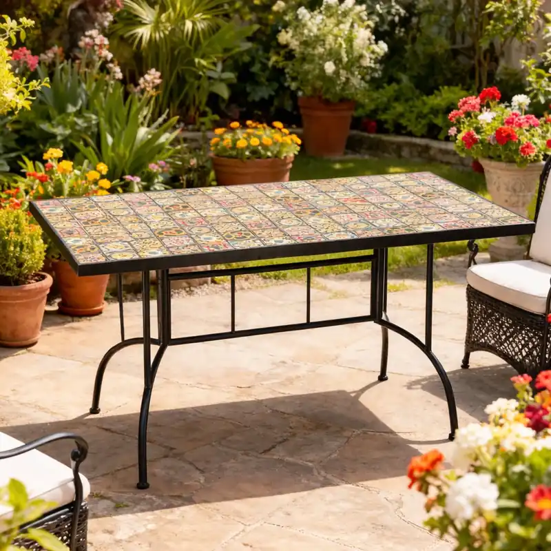 Masa de gradina dreptunghiulara cu blat mozaic si cadru metalic, 150x80x74 cm Disponibil imediat
