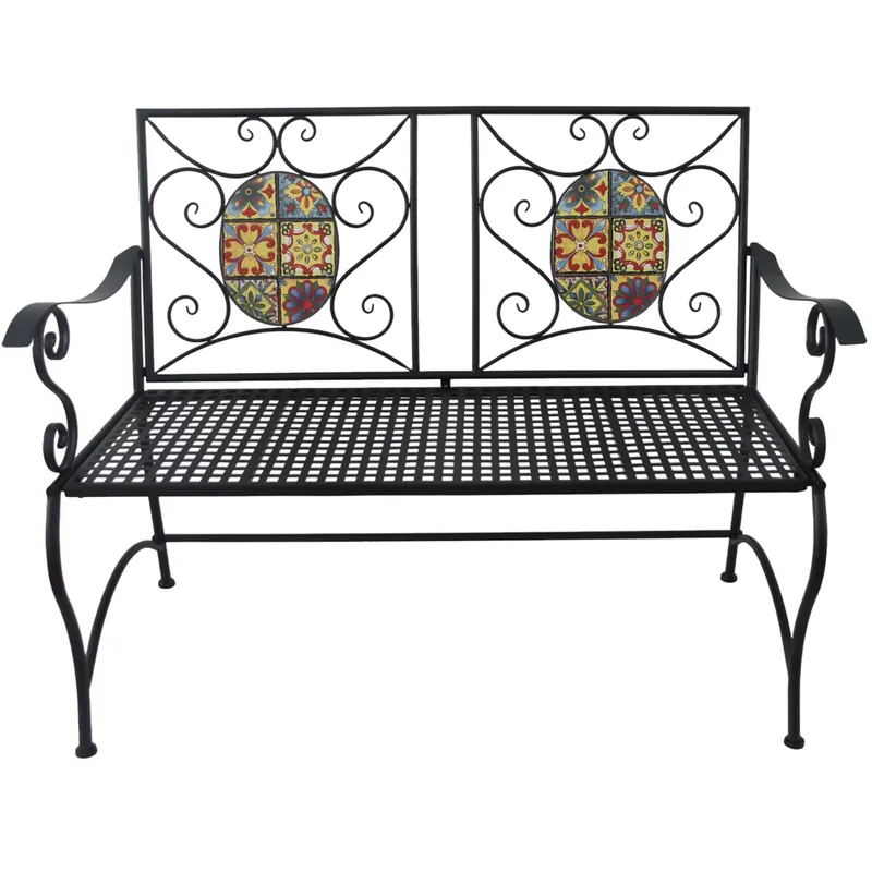 Banca de gradina, cadru metalic cu mozaic decorativ, 115x56x90 cm, negru Discount