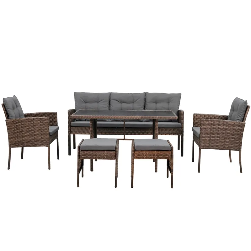 Ultima șansă Set mobilier gradina 6 piese, rattan sintetic si otel, canapea 3 locuri, masa sticla, maro si gri