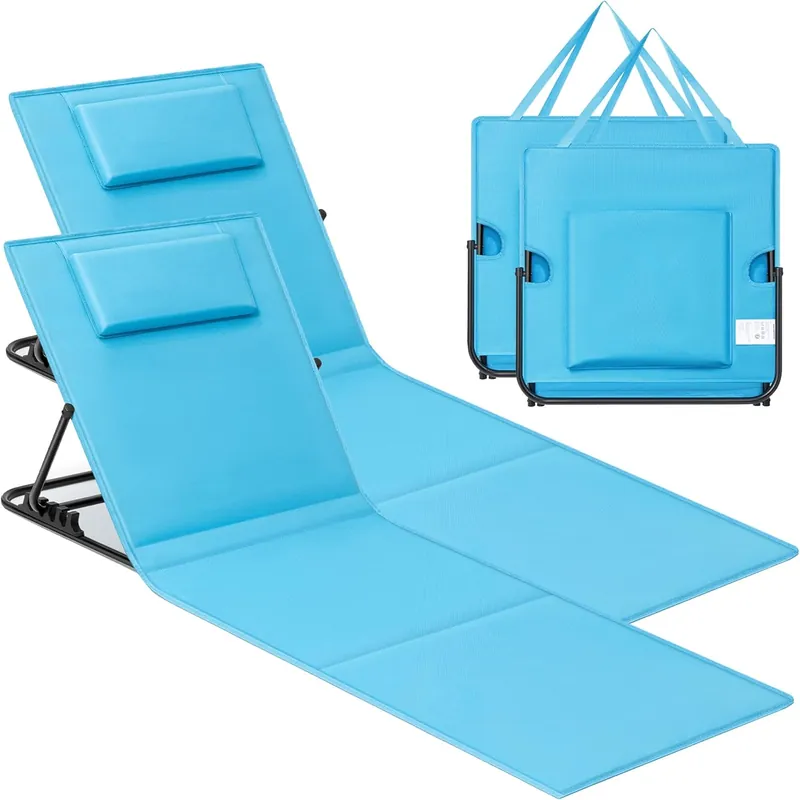 Vezi acum SONGMICS Set 2 sezlonguri plaja pliabile, spatar reglabil in 4 pozitii, tetiera, buzunar depozitare, 158×55 cm, albastru