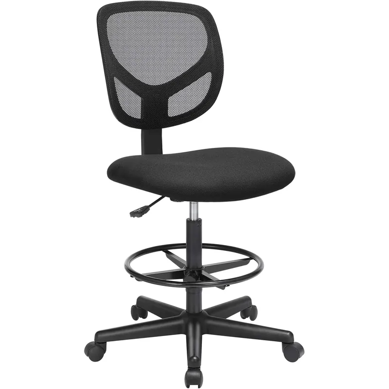 Vezi acum SONGMICS Scaun de birou inalt pentru atelier sau studio, fara brate, cu suport picioare, reglabil pe inaltime, 64x64x117 cm, negru