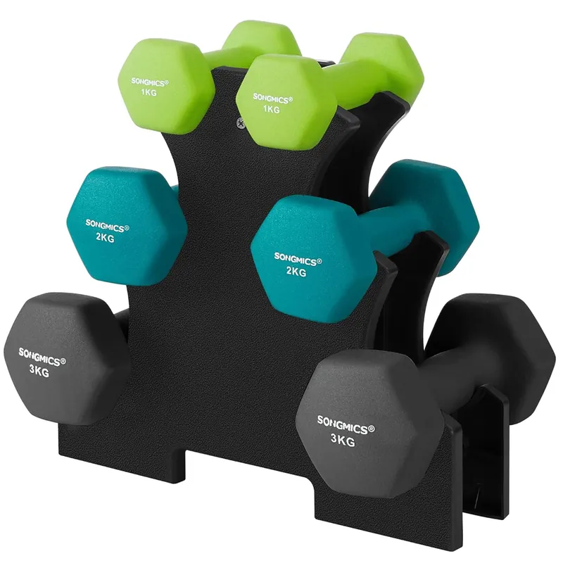 SONGMICS Set 6 gantere hexagonale cu suport, 2×1 kg 2×2 kg 2×3 kg, multicolor Reducere specială