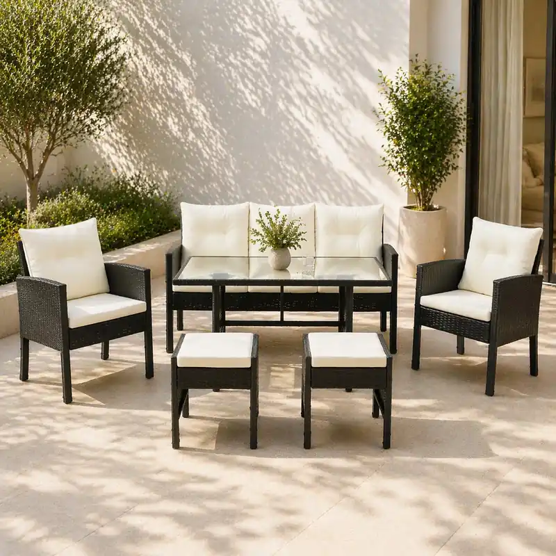 Bestseller Set mobilier gradina Vaduz 6 piese, canapea 3 locuri, 2 fotolii, 2 tabureti si masa, ratan sintetic, blat sticla, negru si crem