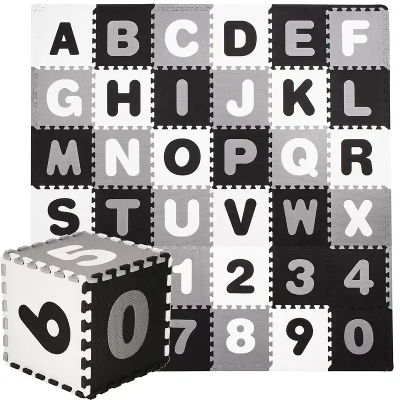 Cumpărături sigure Covor din spuma pentru copii, tip puzzle alfabet si numere, 110 piese, termoizolant, 175×175 cm, negru, gri
