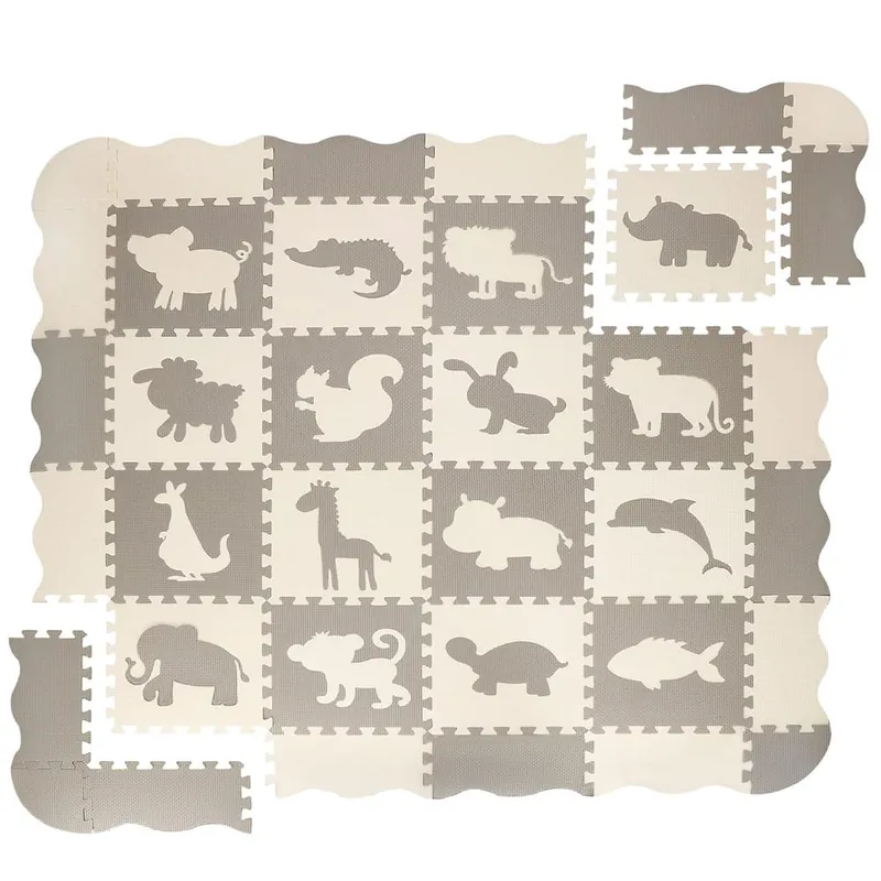 Super ofertă Covor din spuma pentru copii, tip puzzle animale, 52 piese, termoizolant, 150×150 cm, gri crem