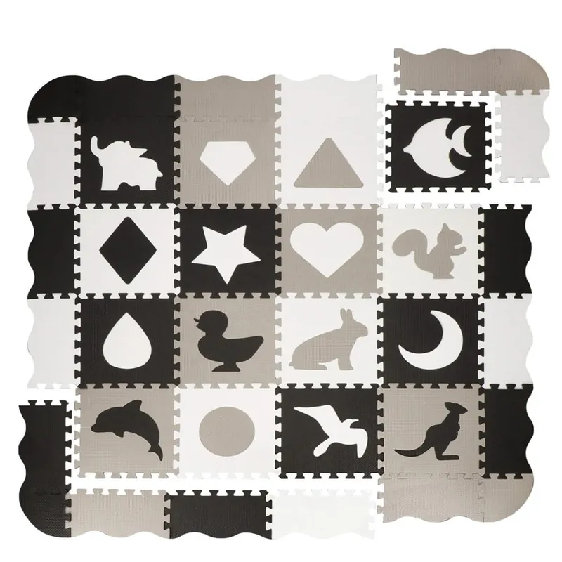 Covor din spuma pentru copii, tip puzzle animale, 52 piese, termoizolant, 150×150 cm, gri negru Nu rata