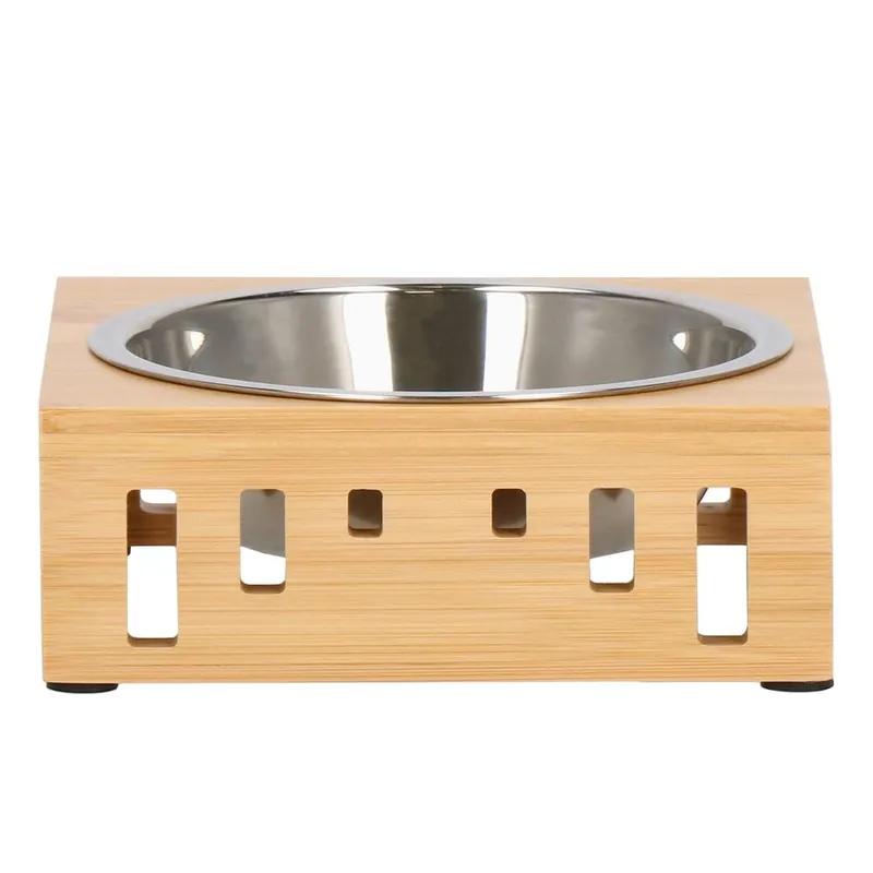 Castron inox, bol, pentru caine sau pisica, cu suport din bambus, 15cm Comandă acum