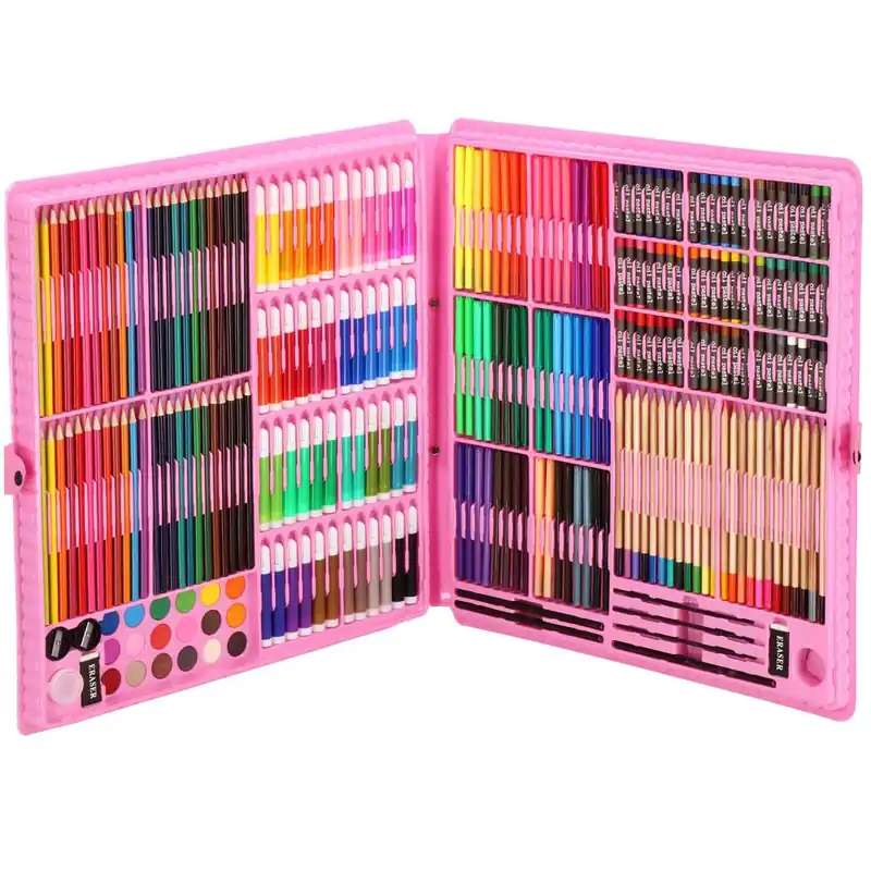 Set de pictura si desen pentru copii, 258 de piese, trusa plastic roz Calitate înaltă