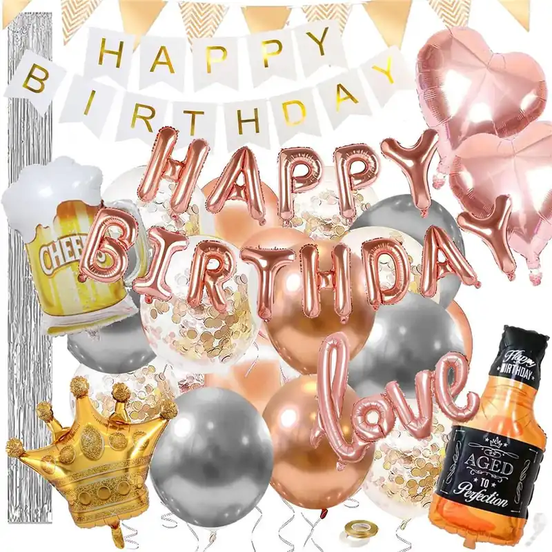 Cel mai vândut Set 48 baloane si decoratiuni, Happy Birthday, argintiu, roz