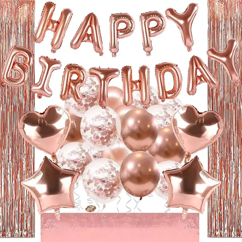 Promoție Set 48 baloane si decoratiuni, Happy Birthday, incluse fata de masa si perdea roz