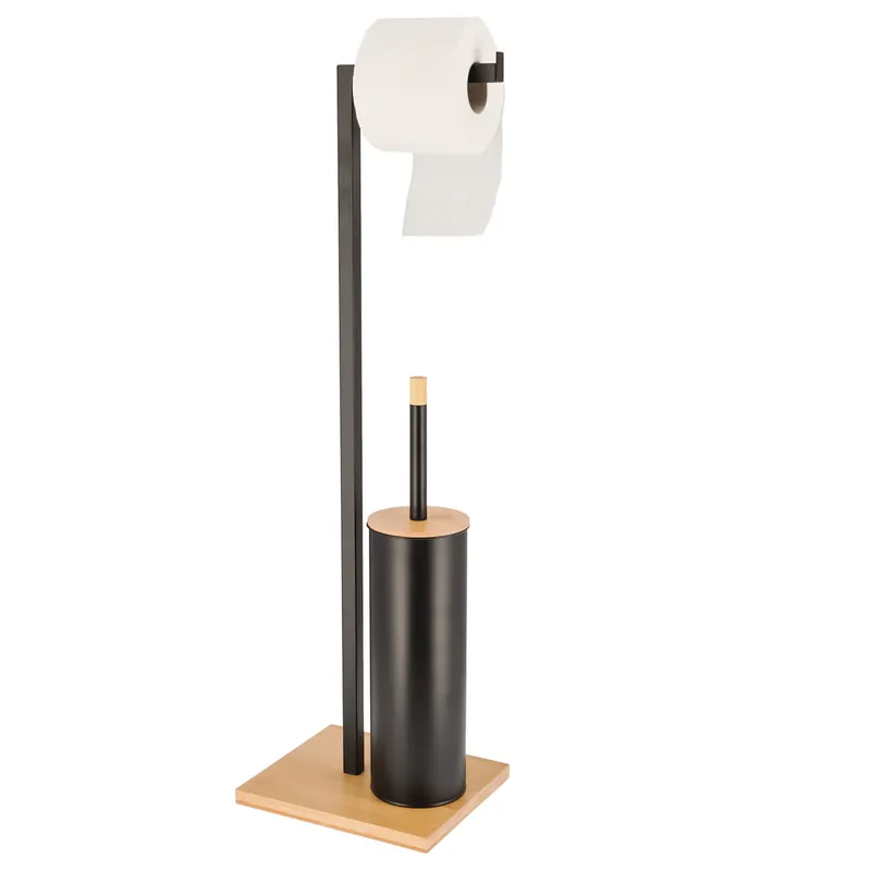 (DL) Stand cu perie WC si suport hartie igienica, metal si bambus, 70cm, negru Cumpără online