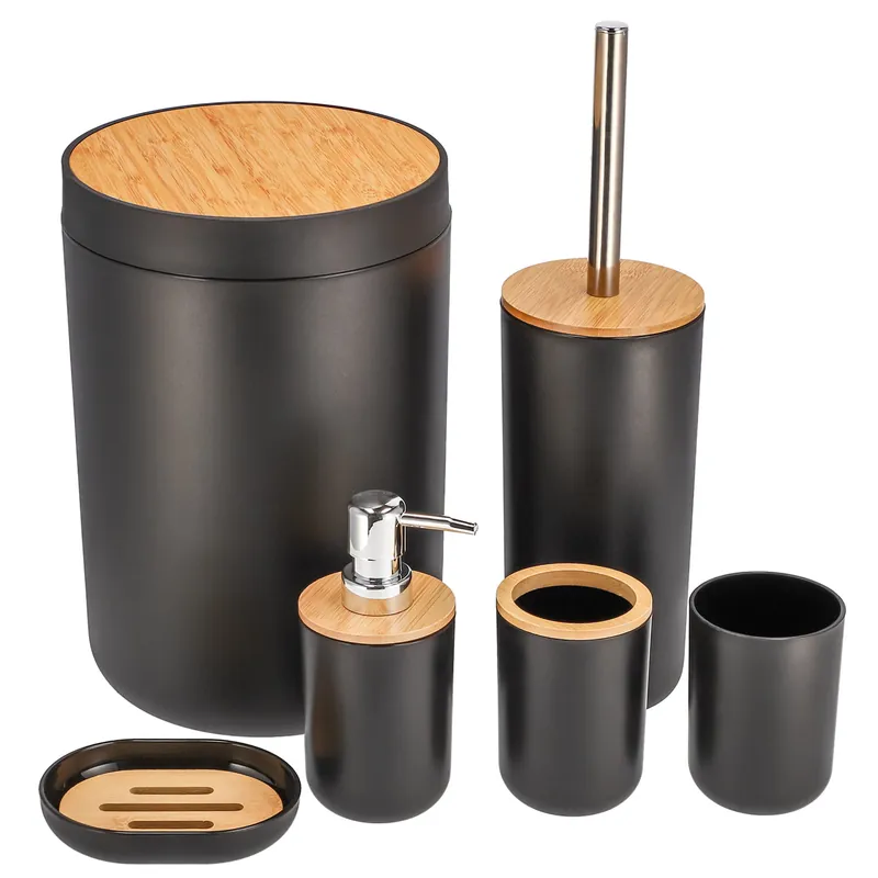 (DL) Set de accesorii rotunde pentru baie din plastic cu elemente bambus, 6 piese, negru maro Cumpără acum