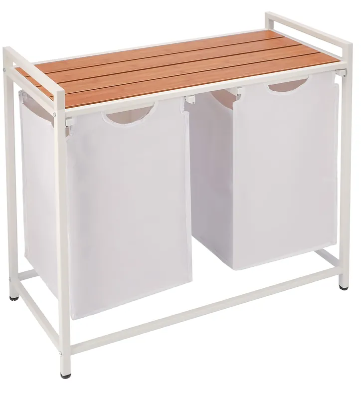 (DL) Cos de rufe cu cadru metalic si blat din lemn, 2 x 46 litri, 72x73x33cm, alb Ofertă exclusivă