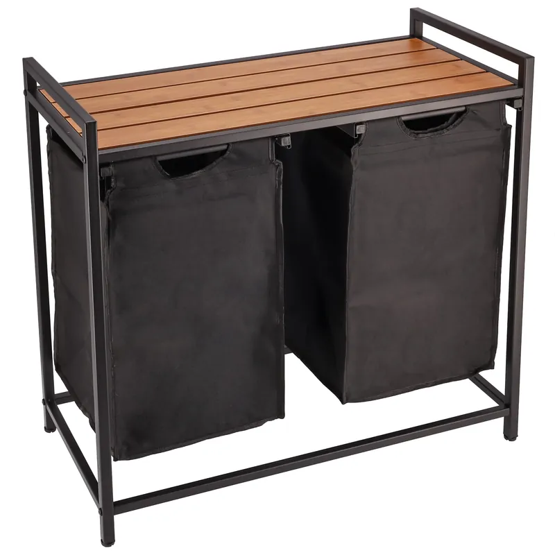 (DL) Cos de rufe cu cadru metalic si blat din lemn, 2 x 46 litri, 72x73x33cm, negru Livrare expres