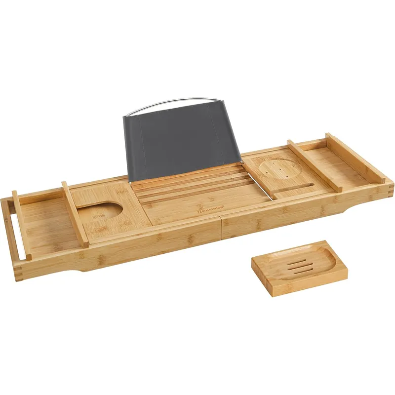 Reducere specială SONGMICS Tava extensibila pentru cada din bambus, cu suport pentru carte, pahar si sapun, (75-109)x23x5 cm, natur