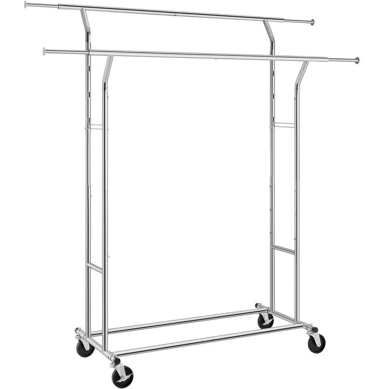 SONGMICS Suport pentru haine pe roti, sina dubla extensibila, din inox cromat, sarcina 100kg, 129x55x148cm, argintiu Retur gratuit