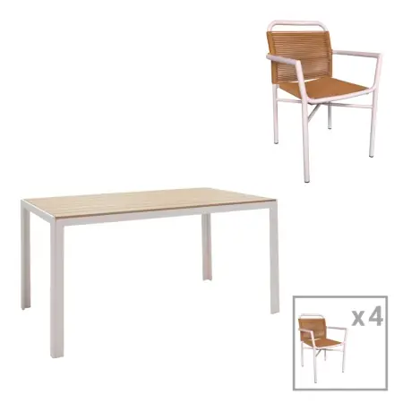 Super ofertă Set de 5 buc masa si scaune de gradina Nares-Clutch aluminiu alb si placaj in nuanta naturala 140x80x72.5 cm