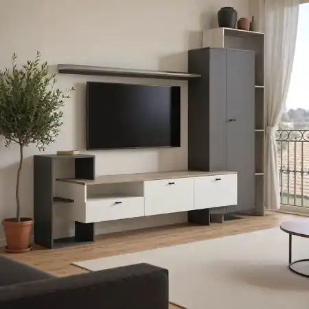 Ansamblu comoda TV Ferefia Alb 240x45.5x189.5 cm Preț mic