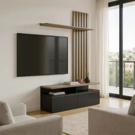 Ansamblu comoda TV Perlento Negru 140x41x219.5 cm Reducere de preț