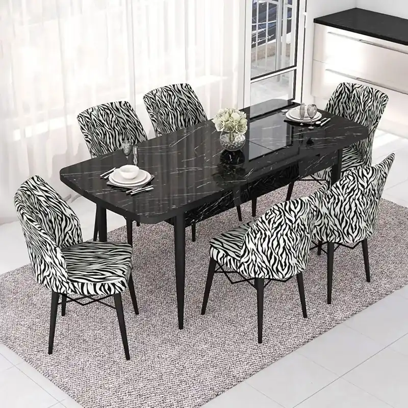 Set masa extensibila cu 6 scaune tapitate Homs zebra 250-300355,170 x 80 cm Preț redus