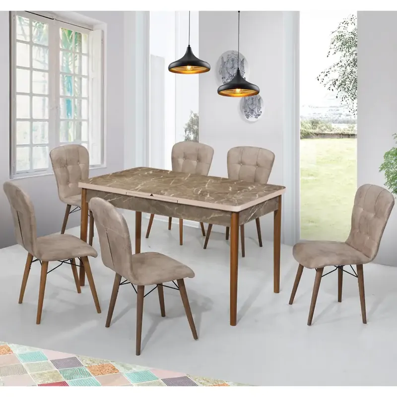Set masa extensibila cu 6 scaune tapitate Homs marmura/bej 170 x 80 cm picioare lemn Reducere extra