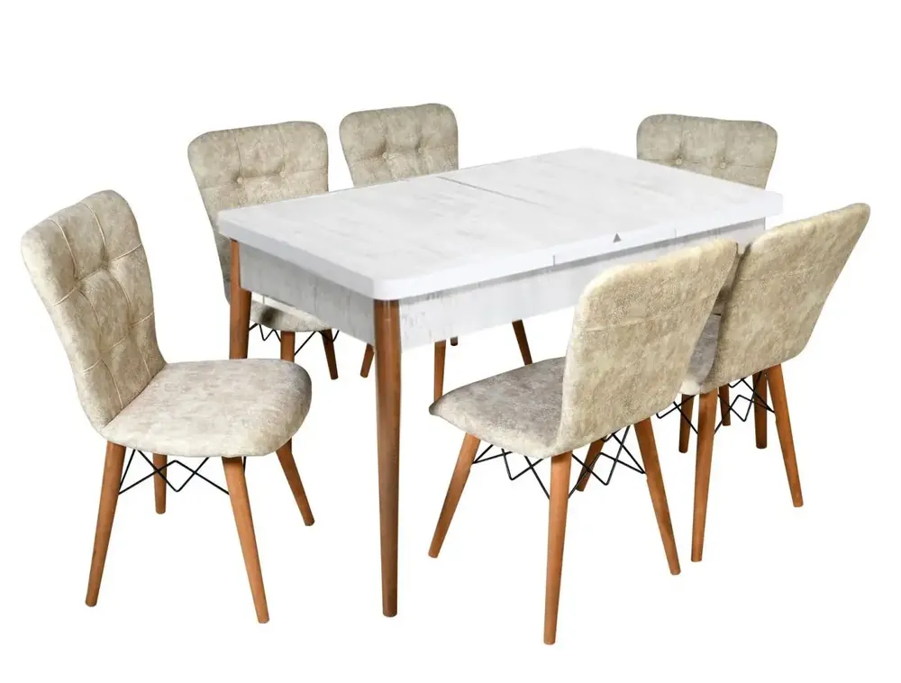 Vezi acum Set masa extensibila cu 6 scaune tapitate Homs cristal alb-bej 170 x 80 cm