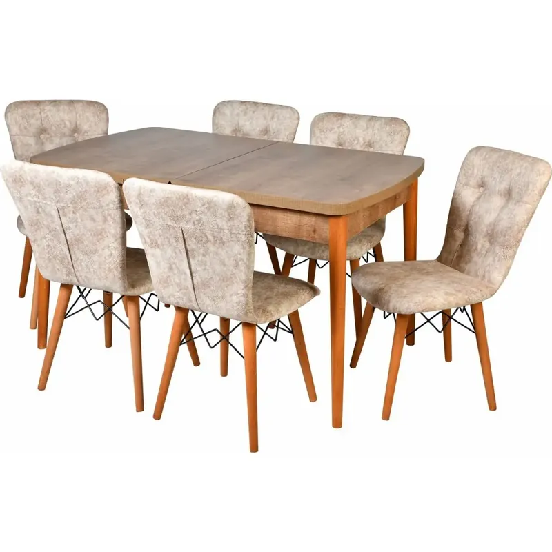 Vezi acum Set masa extensibila cu 6 scaune tapitate Homs nuc/bej 170 x 80 cm picioare lemn