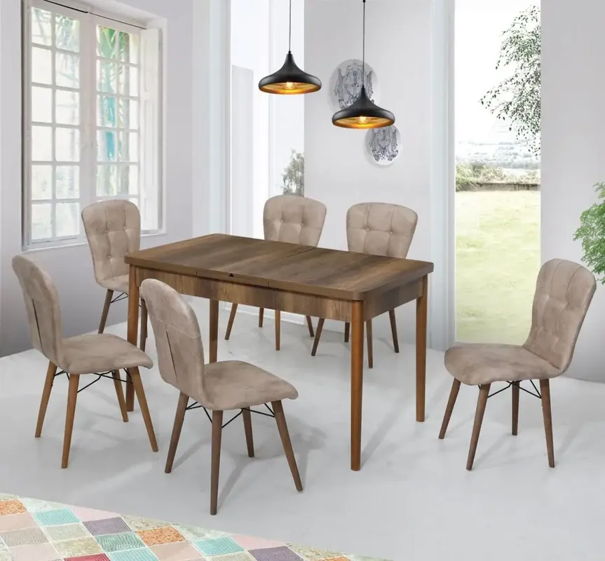 Set masa extensibila cu 6 scaune tapitate Homs cristal nuc-maro 170 x 80 cm Cel mai bun preț