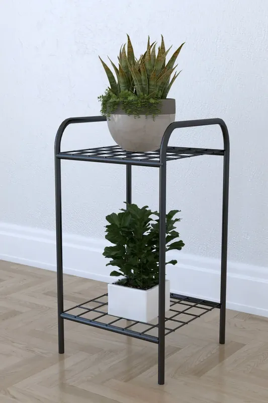 Etajera metal pentru flori 2 rafturi Decor Homs 33 x 60 x 31 cm, negru Ieftin
