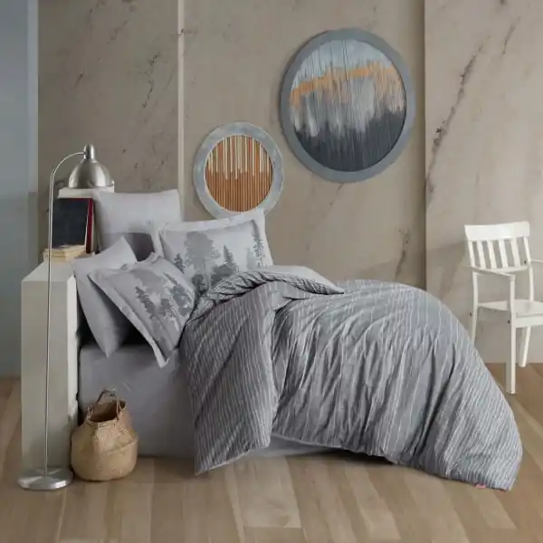 Calitate înaltă Lenjerie de pat, 100% bumbac, tesatura poplin, pat 2 persoane, 4 piese, gri, Tuly, HBP-08