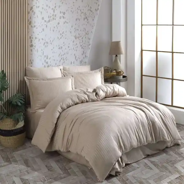 Vezi acum Lenjerie de pat, 100% bumbac, tesatura satin, pat 2 persoane, 6 piese, bej, Diamond Damasc, HBS-26