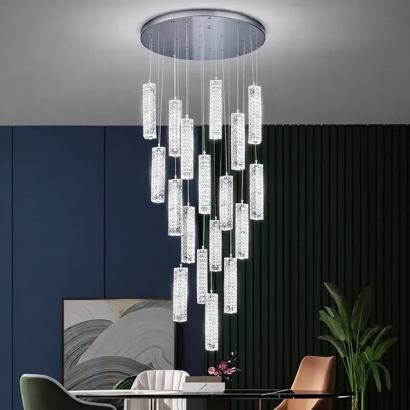Candelabru Cristal LED AMIRI 82W Crom, Lumina Calda/Neutra/Rece 3000K/4000K/6000K Amiri, Diametru 40cm x Inaltime 300cm, Cristal si Metal Retur ușor