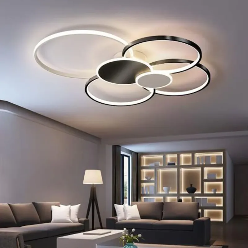 Lustra LED cu Telecomanda, KILLIAN, 74W, 6 Cercuri, Lumina Rece/Calda/Neutra 3000K/4000K/6000K, Dimabila, Negru si Alb, Metal si Acril Preț redus