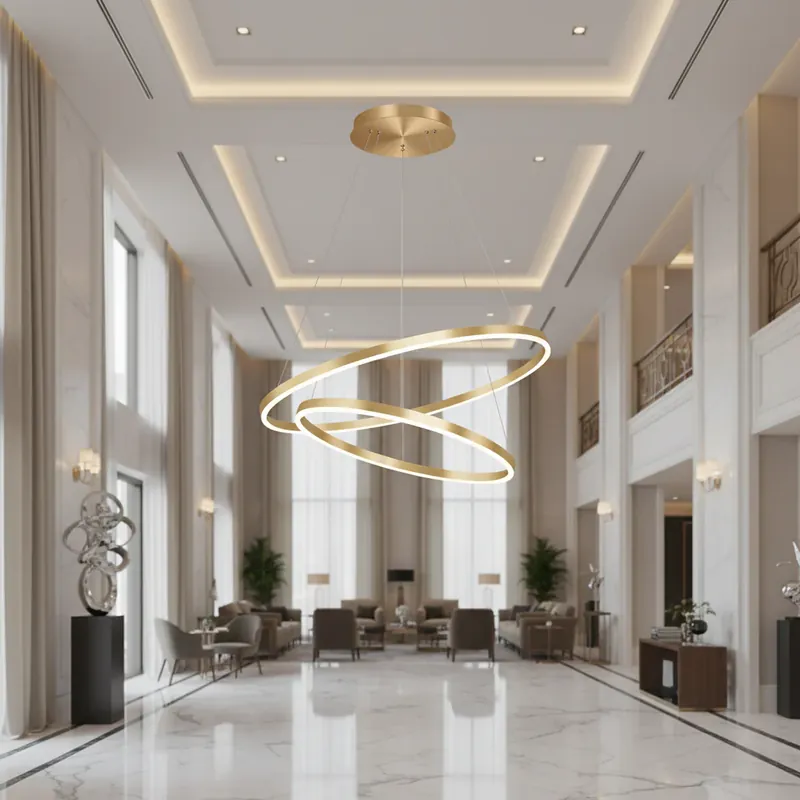 Lustra LED suspendata cu telecomanda CHRISTINE, 41W, 2 Cercuri, lumina Rece/Calda/Neutra, Dimabila, Auriu Lucios, Inaltime Reglabila Livrare rapidă